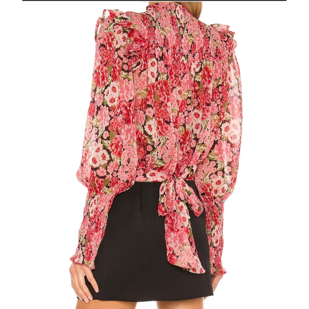 Bardot Remi Floral Blouse Pink Gardenia Smocked Mock Neck Tie Back Top US 6 S - Picture 3 of 11